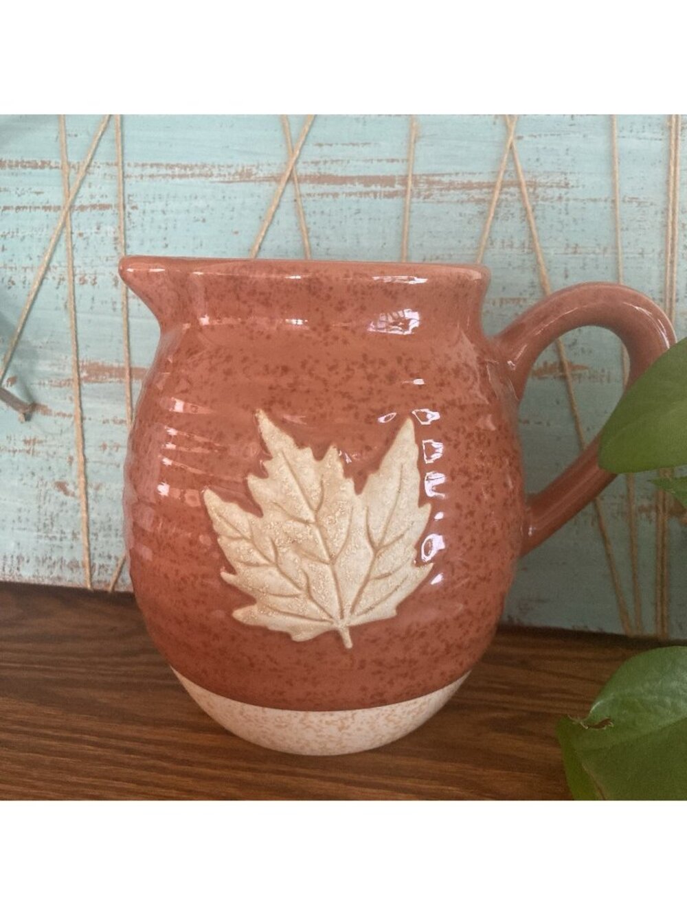 Stoneware Pottery Thanksgiving Pitcher Autumn Fall Burnt Orange W/ Maple Leaf